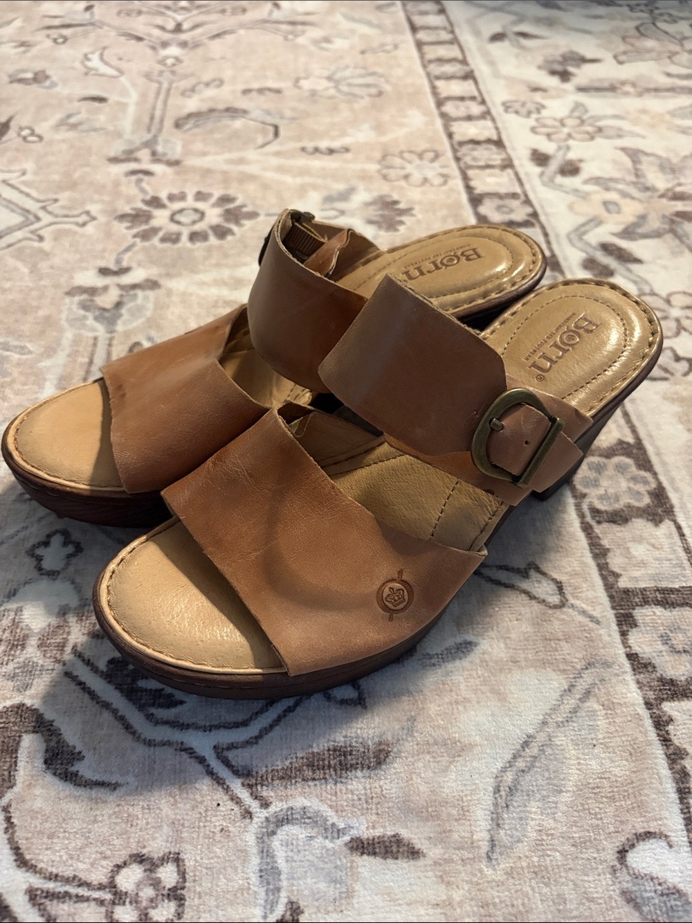 Born Tan Leather Slide Mules with Buckle